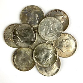 Group of 10 1964 US Kennedy Silver Half Dollars