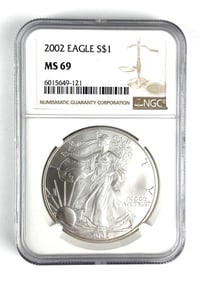 NGC Graded 2002 US $1 Silver Eagle Dollar MS69