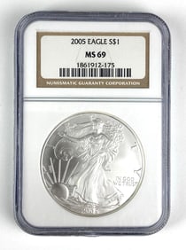 NGC Graded 2005 US $1 Silver Eagle Dollar MS69