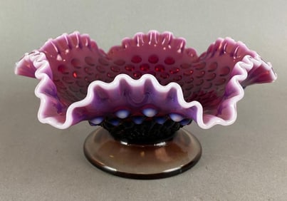 Fenton Amethyst Opalescent Hobnail Ruffle Ribboned Edge Candle Bowl