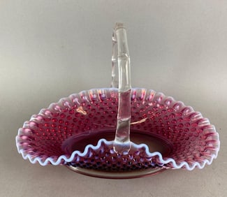 Fenton Amethyst Opalescent Hob Nail Ribbon Basket