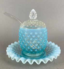 Fenton Blue Opalescent Hob Nail Jam Jar