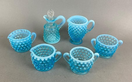 Group of 6 Fenton Blue Opalescent Hob Nail Items
