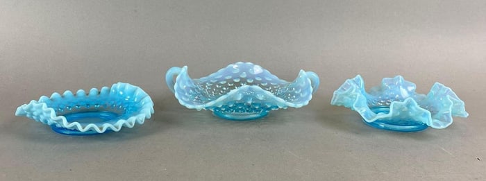 Group of 3 Fenton Blue Opalescent Hob Nail Dishes