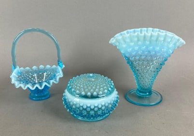 Group of 3 Fenton Blue Opalescent Hob Nail Items
