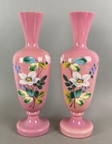 Group of 2 Antique Bristol Pink Cased Hand Painted Floral Motif Vases