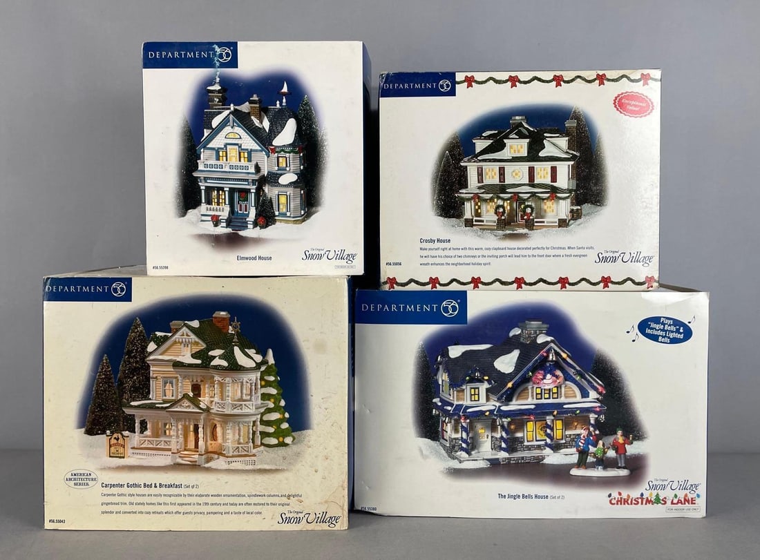 Group of Department 56 Snow Village Buildings: Original packaging, jingle bells house box measures H 9" x W 14 1/4" x D 8 1/4"