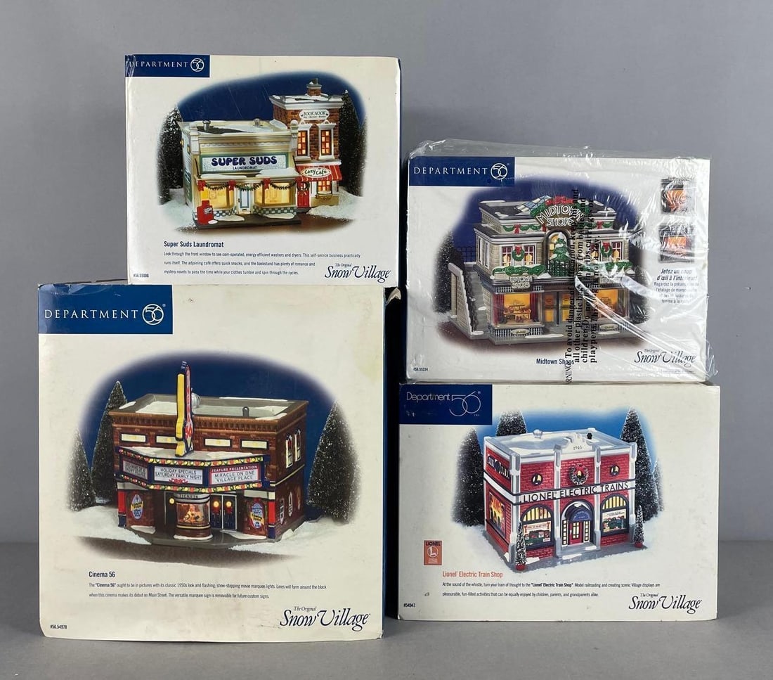 Group of Department 56 Snow Village Buildings: Cinema 56 original packaging measures H 11 3/4 x W 11 1/2" x D 9 1/2"