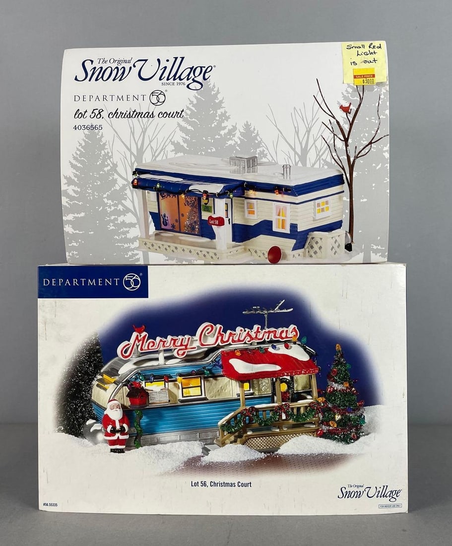 Group of Department 56 Snow Village Trailer Buildings: Lot 56 Christmas court packaging measures H 9" x W 13 1/4" x D 9 1/2"
