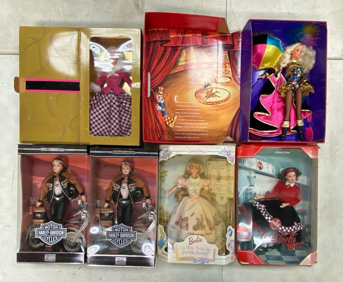 Group of Popular Mattel Barbie Fashion Dolls: Includes Harley-Davidson, Circus and more, each doll measures 11 1/2” H
