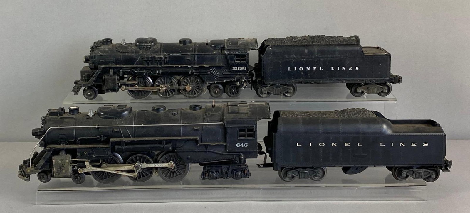 Group of 2 Lionel O Scale Locomotives with Tenders: Untested, needs cleaning, longest locomotives 12” W