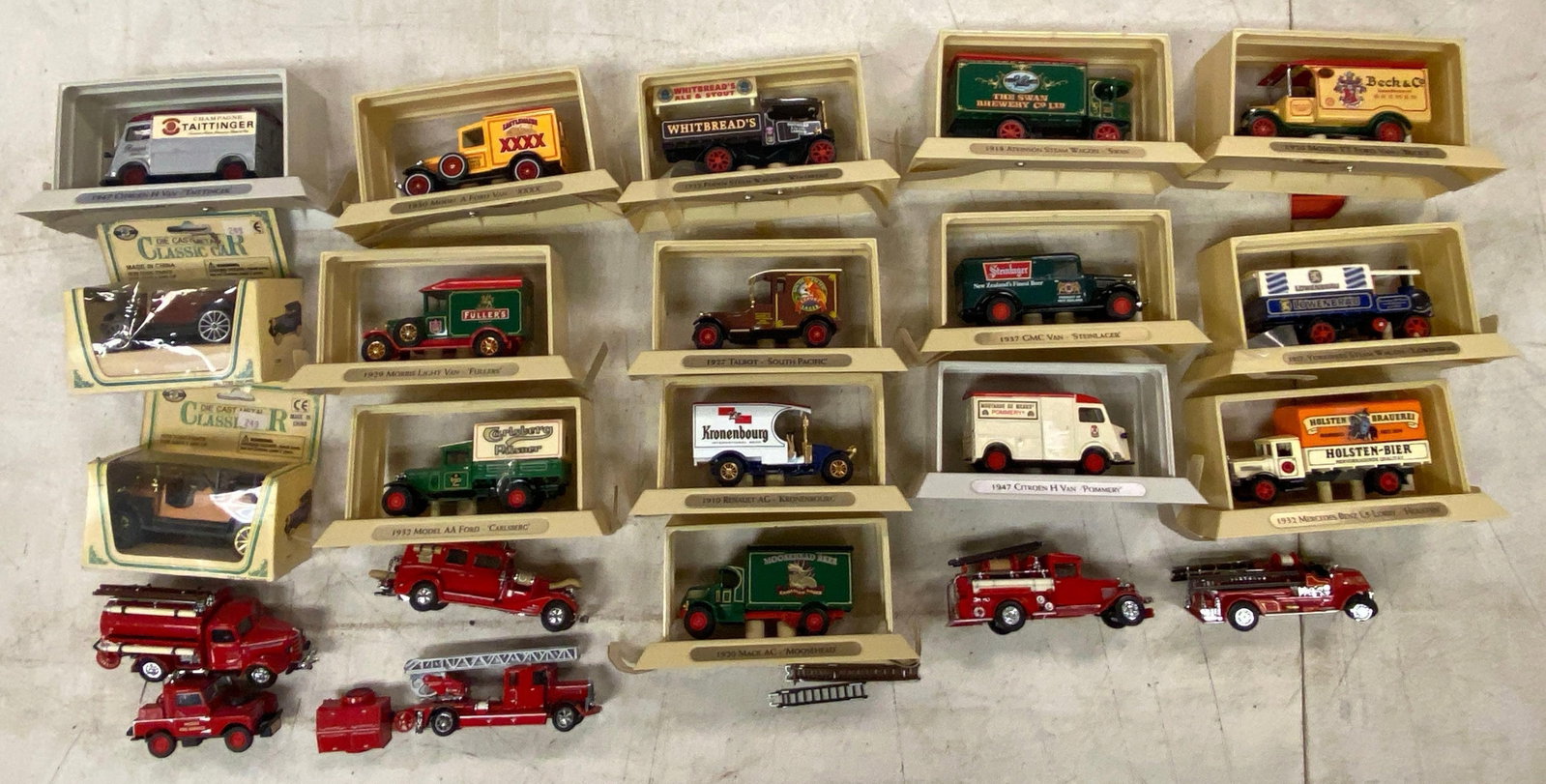 Group of Die-Cast Vehicles: Includes firetrucks, beer delivery and more, all are 1/48 scale