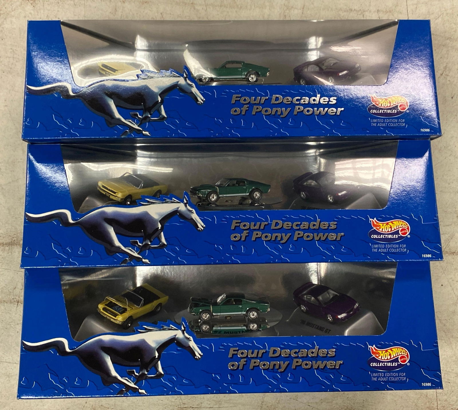 Group of 3 Mattel Hot Wheels LE Ford Mustang Cars: Sequential Limited Edition, four decades of pony power, includes original Mattel shipping box