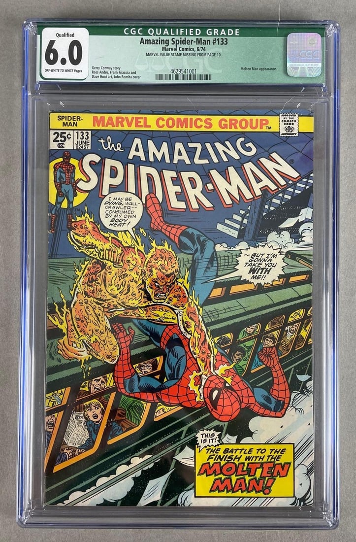 CGC Graded Marvel Comics Amazing Spider-Man No. 133: CGC grade 6.0, molten man appearance, 1974 Bronze Age
