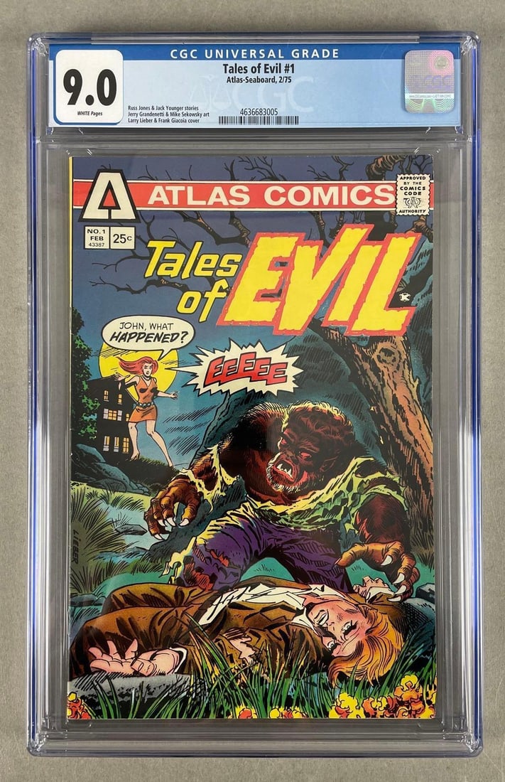 CGC Graded Atlas Comics Tales of Evil No. 1: CGC grade 9.0, Russ jones and Jack younger stories, 1975 bronze age