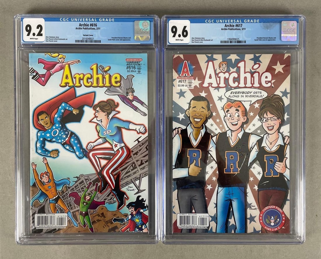 Group of 2 CGC Graded Archie Comics Variants: No. 616 and 617, Barack Obama, Sarah palin, 2011