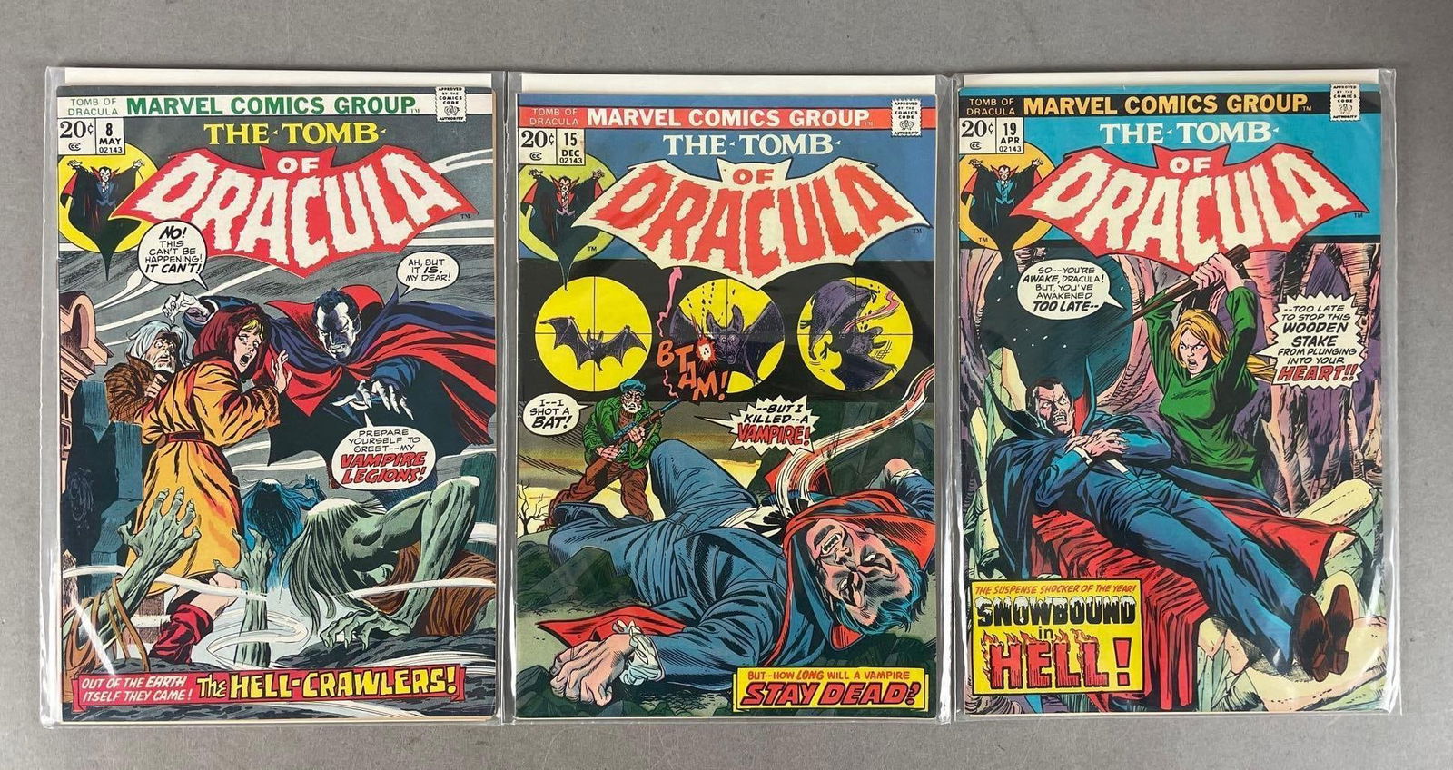 Group of Marvel Tomb of Dracula Comic Books: No. 8, 15, 19, bronze age