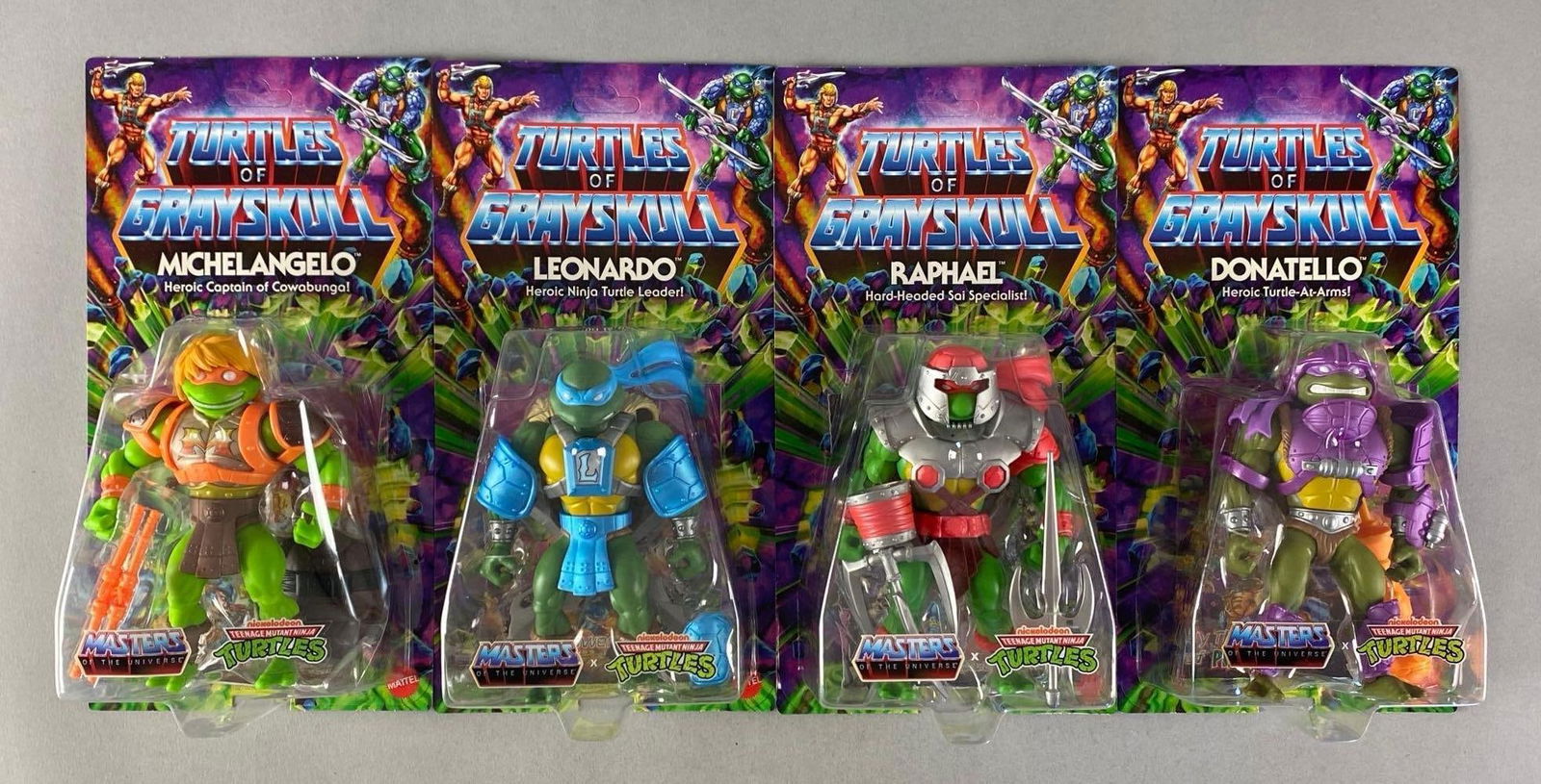 Group of 4 Mattel Turtles of Grayskull Action Figures: Includes all 4 Turtles, Masters of the Universe, sealed, unpunched, each measures 11 1/2” H x 6” W x 2 1/2” D