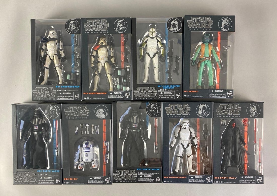 Group of 9 Hasbro Star Wars The Black Series Action Figures: Includes Darth Maul, R2-D2, Greedo and more, sealed, each box measures 9” H x 5 1/2” W x 2” D