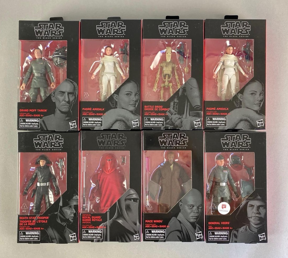 Group of 8 Hasbro Star Wars The Black Series Action Figures: Includes Battle Droid, Mace Windu, Grand Moff Tarkin and more, sealed, each measures 9” H x 5” W x 2” D