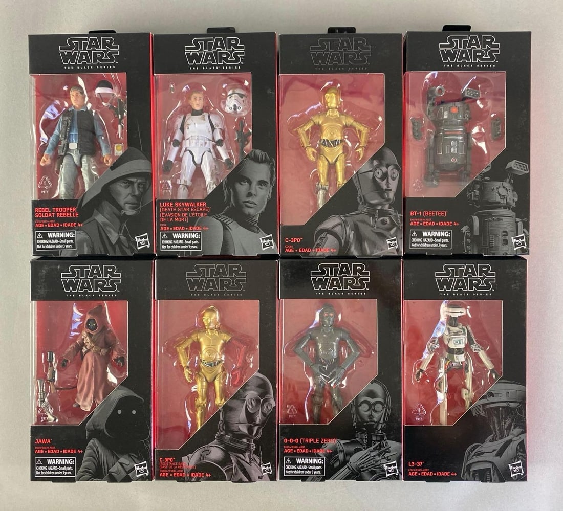 Group of 8 Hasbro Star Wars The Black Series Action Figures: Includes 0-0-0, Jawa, BT-1 and more, sealed, each box measures 9” H x 5” W x 2” D