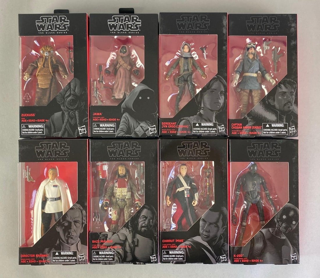 Group of 8 Hasbro Star Wars The Black Series Action Figures: Includes Director Krennic, Baze Malbus, Zuckuss and more, sealed, each Bix measures 9” H x 5” W x 2” D