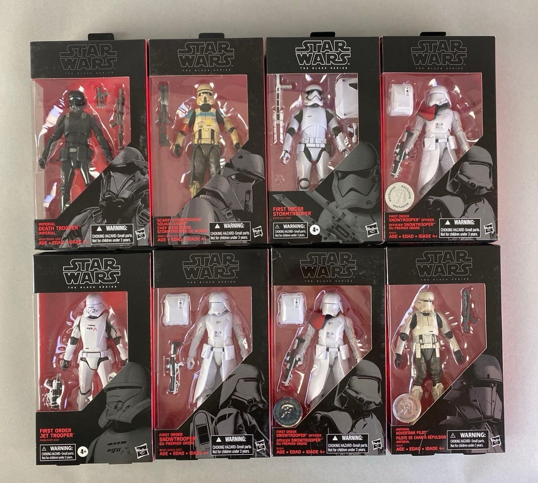 Group of 8 Hasbro Star Wars The Black Series Action Figures: Includes Forst Order Snowtrooper, First order jet Trooper, Imperial death trooper and more, each Box measures 9” H x 5” W x 2” D