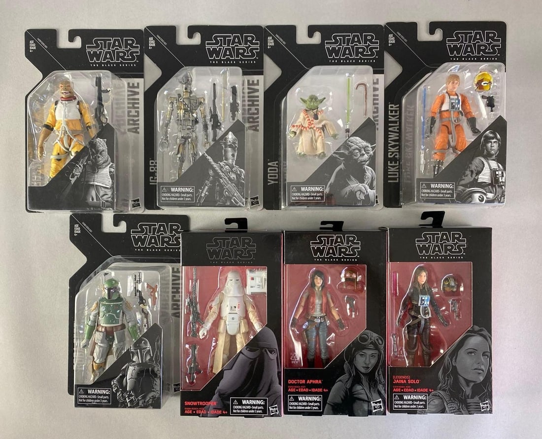 Group of 8 Hasbro Star Wars The Black Series Action Figures: Includes Doctor Aphra, Jaina Solo, Boba Fett and More, sealed, largest boxes measure 9 1/2” H x 6 1/2” W x 2” D