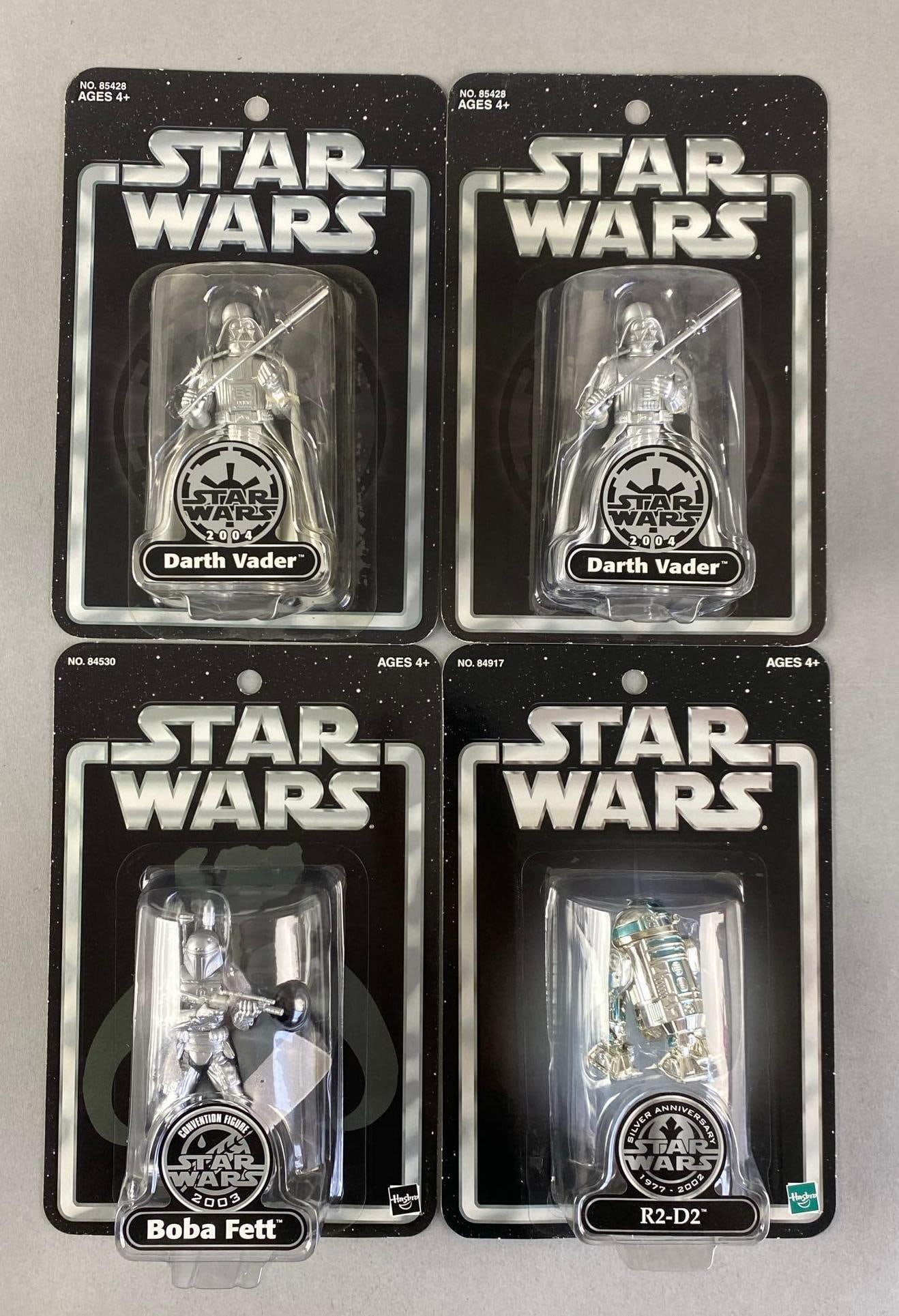 Group of 4 Hasbro Star Wars Metallic Action Figures: Includes Darth Vader, boba Fett and R2-D2, sealed, each package measures 9” H x 6” W x 2” D