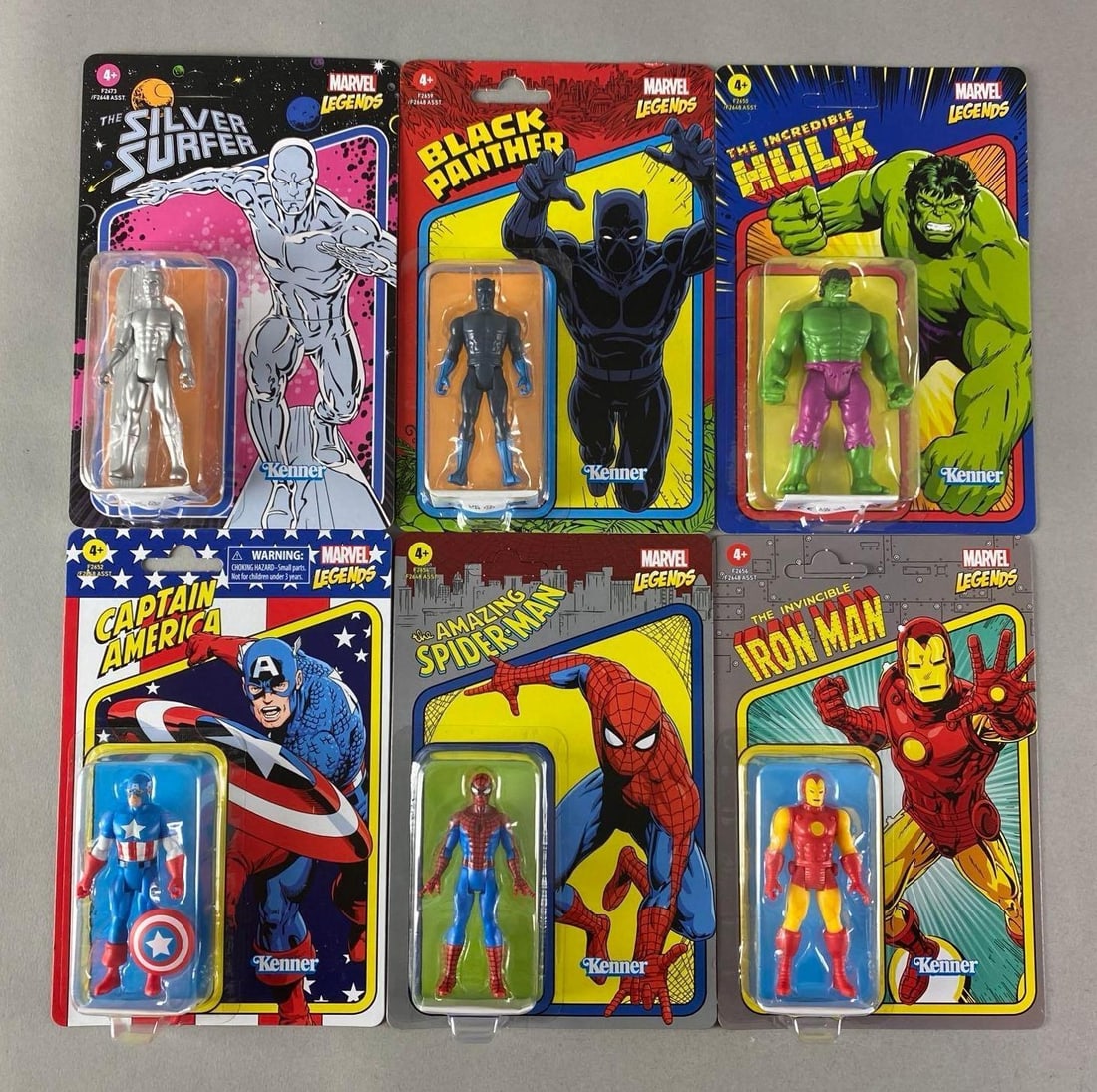 Group of 6 Kenner Marvel Legends Action Figures: Inclufes Hulk, iron man, Black Panther and More, sealed, each figure measures 3 3/4” T