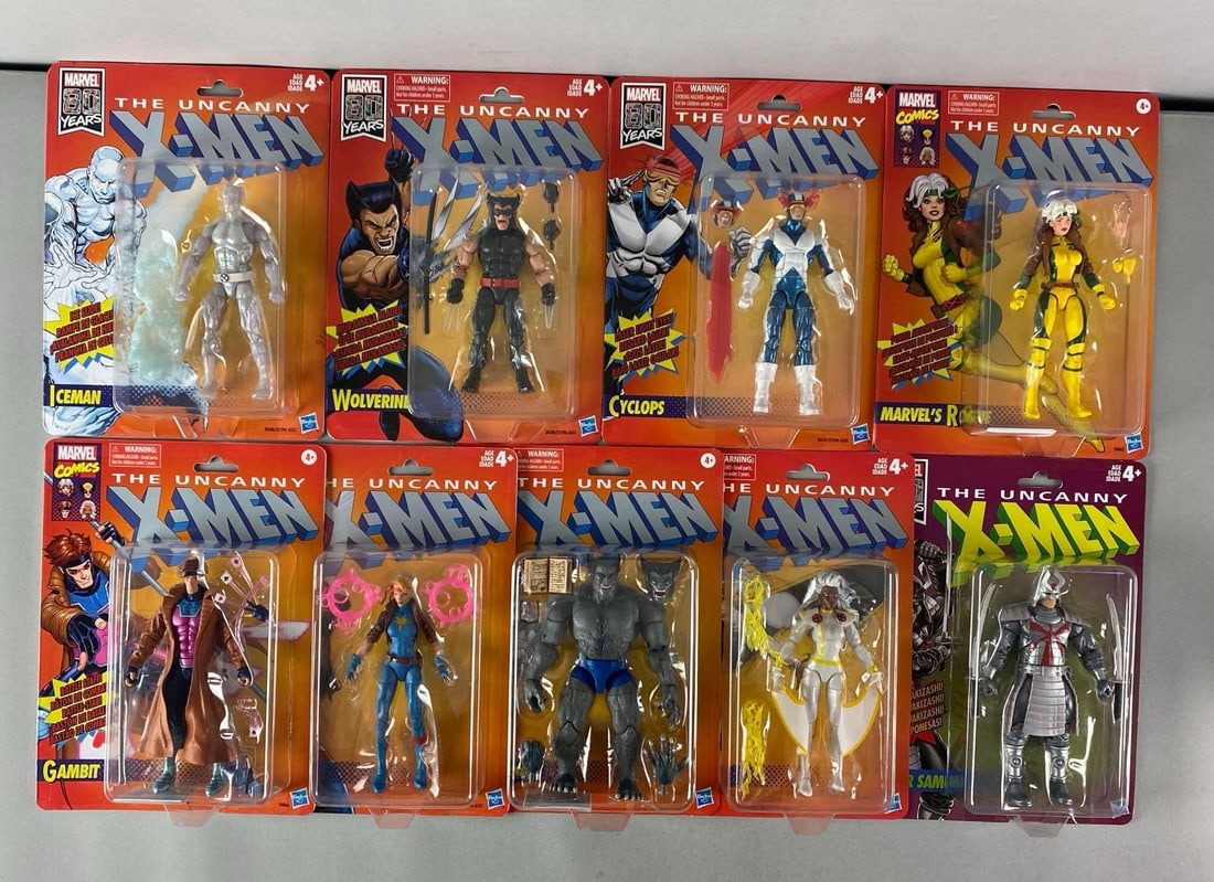 Group of 9 Hasbro Marvel The Uncanny X-Men Action Figures: Includes Cyclops, Wolverine, Ice Man and more, sealed, each measures 11” H x 8” W x 1 1/2” D