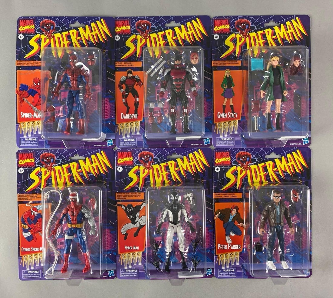 Group of 6 Hasbro Marvel Spider-Man Action Figures: Includes Gwen Stacy, daredevil, cyborg Spider-Man and more, sealed, each measures 11” H x 8” W x 1 1/2” D