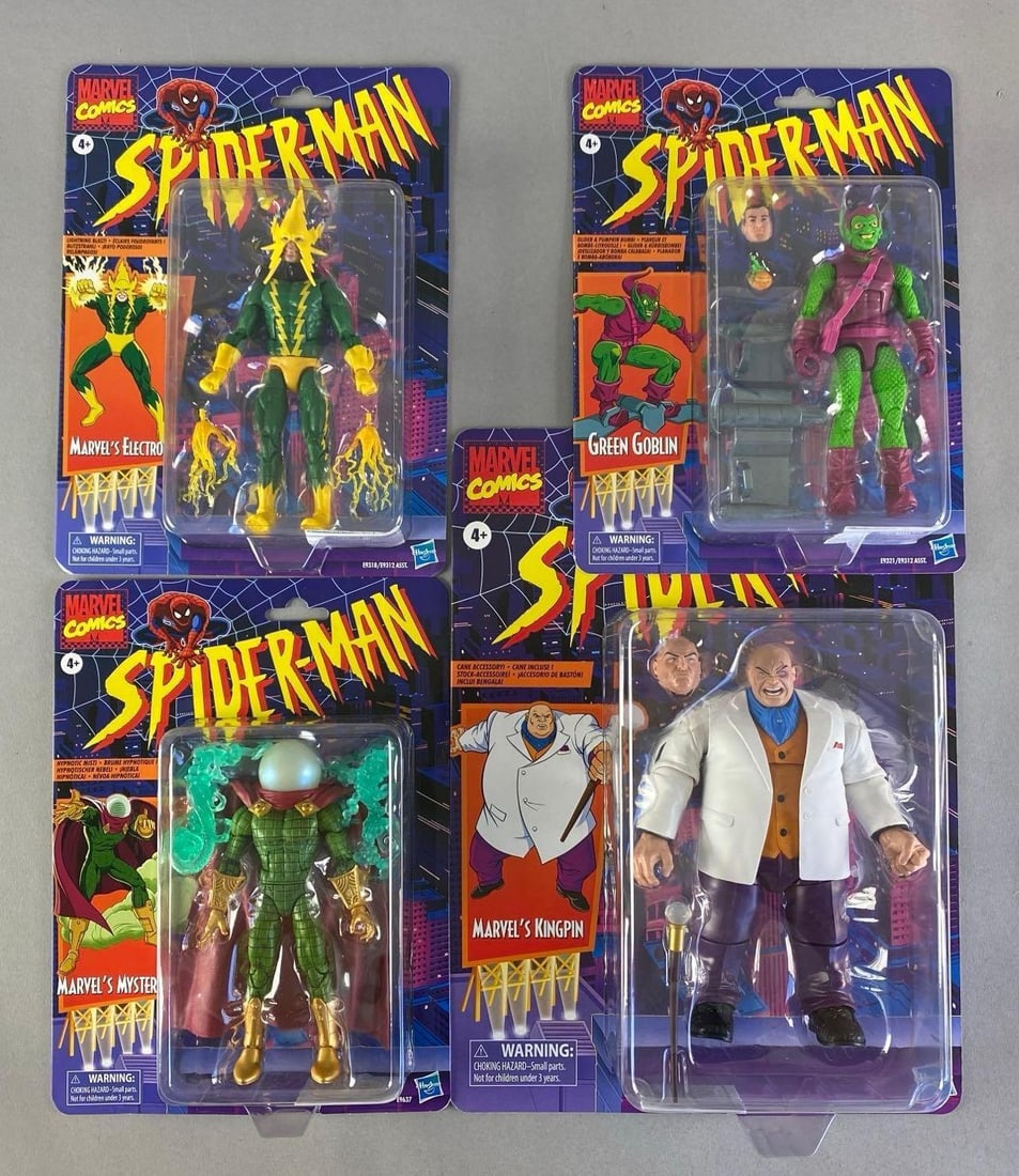 Group of 4 Hasbro Marvel Spider-Man Villains Action Figufes: Includes Green goblin, Kingpin, Electro and Mysterio, sealed, largest measures 14” H x 10 1/2” W x 3” D