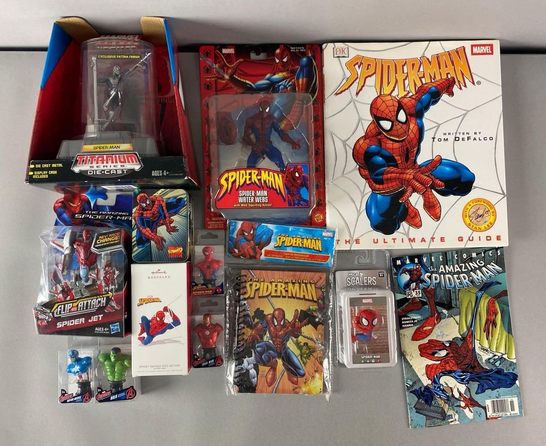 Group of Assorted Spider-Man Items: Inclufes Notebook, busts, the hulk and more