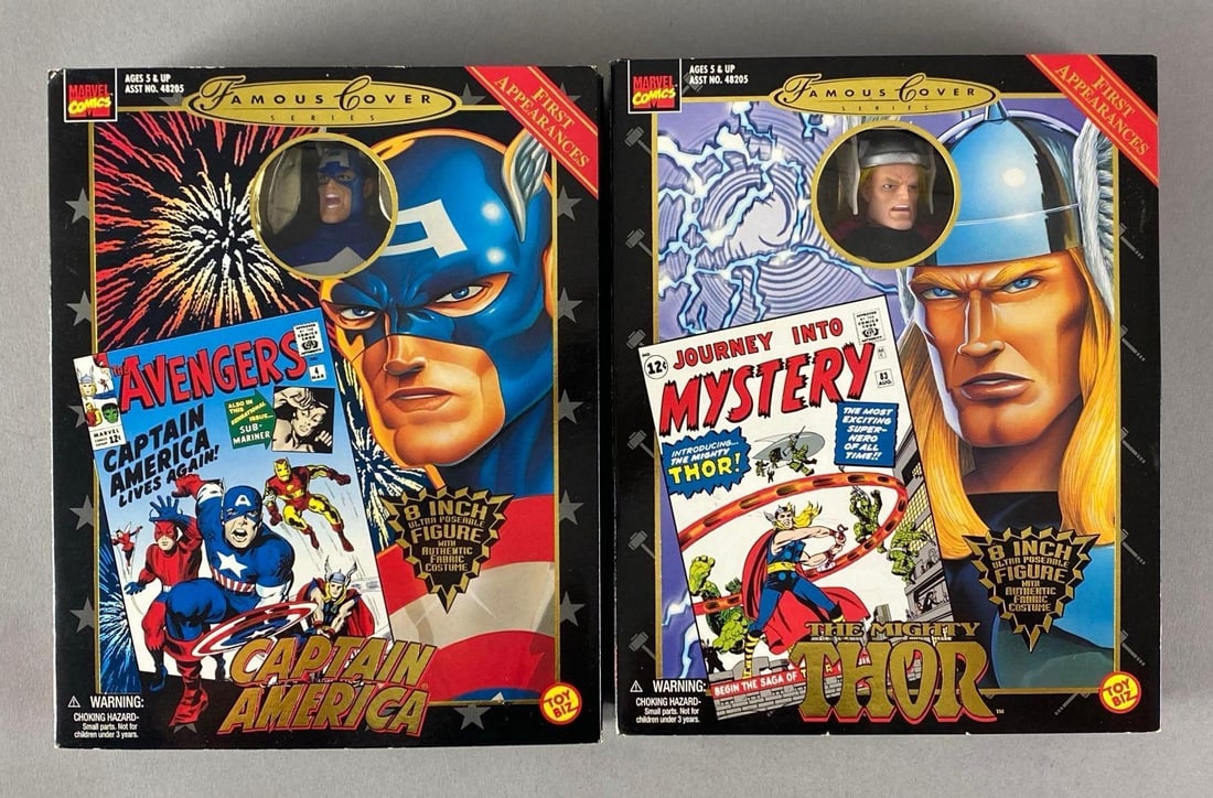 Group of 2 Toy Biz Famous Cover Marvel Action Figures: Includes Thor and Captain America, like new in box, each figure measures 8” T