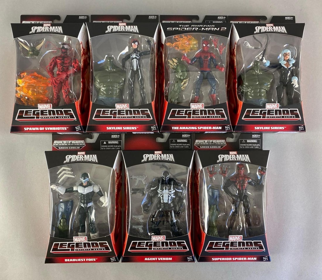 Group of 7 Hasbro Marvel Legends Infinite Series Action Figures: Includes Skyline sirens, spawn of symbiotes, agent venom and more, each measures 9” H x 6” W x 2 1/2” D
