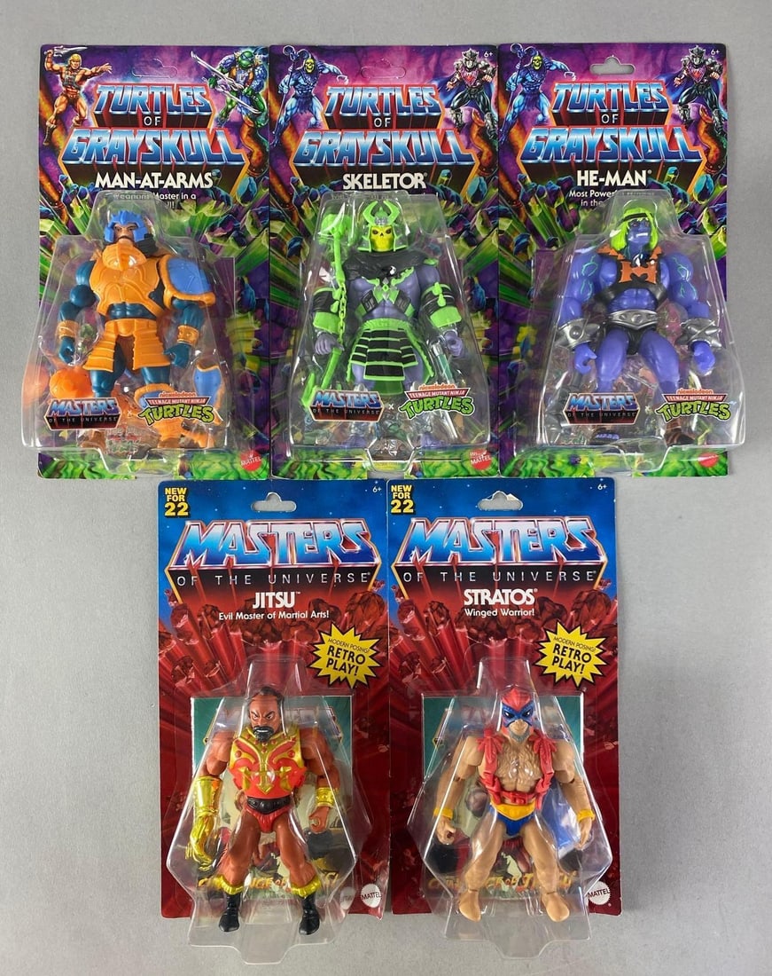Group of 5 Mattel Masters of The Universe Action Figures: Features turtles of gray skull Series, Inclufes He-man, Jitsu, Stratos and more, sealed, each measures 11 1/2” H x 6” W x 2 1/2” D