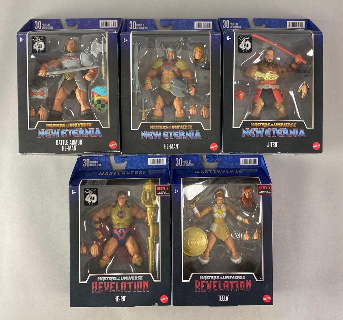 Group of 5 Mattel Masters of the Universe Action Figures: Features Revelation and New Eternia series, Inclufes Teela, He-Man, Jitsu and more, sealed, each Box measures 10 1/2” H x 7” W x 3” D