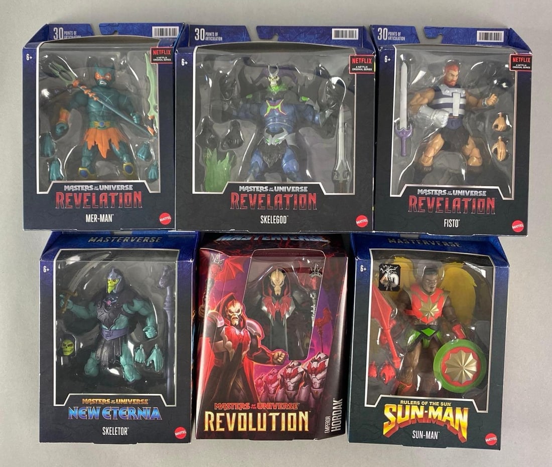 Group of 6 Mattel Masters of The Universe Action Figures: includes Skeletor, Sun-Man, Fisto and more, sealed, largest box measures 10” H x 9” W x 3” D
