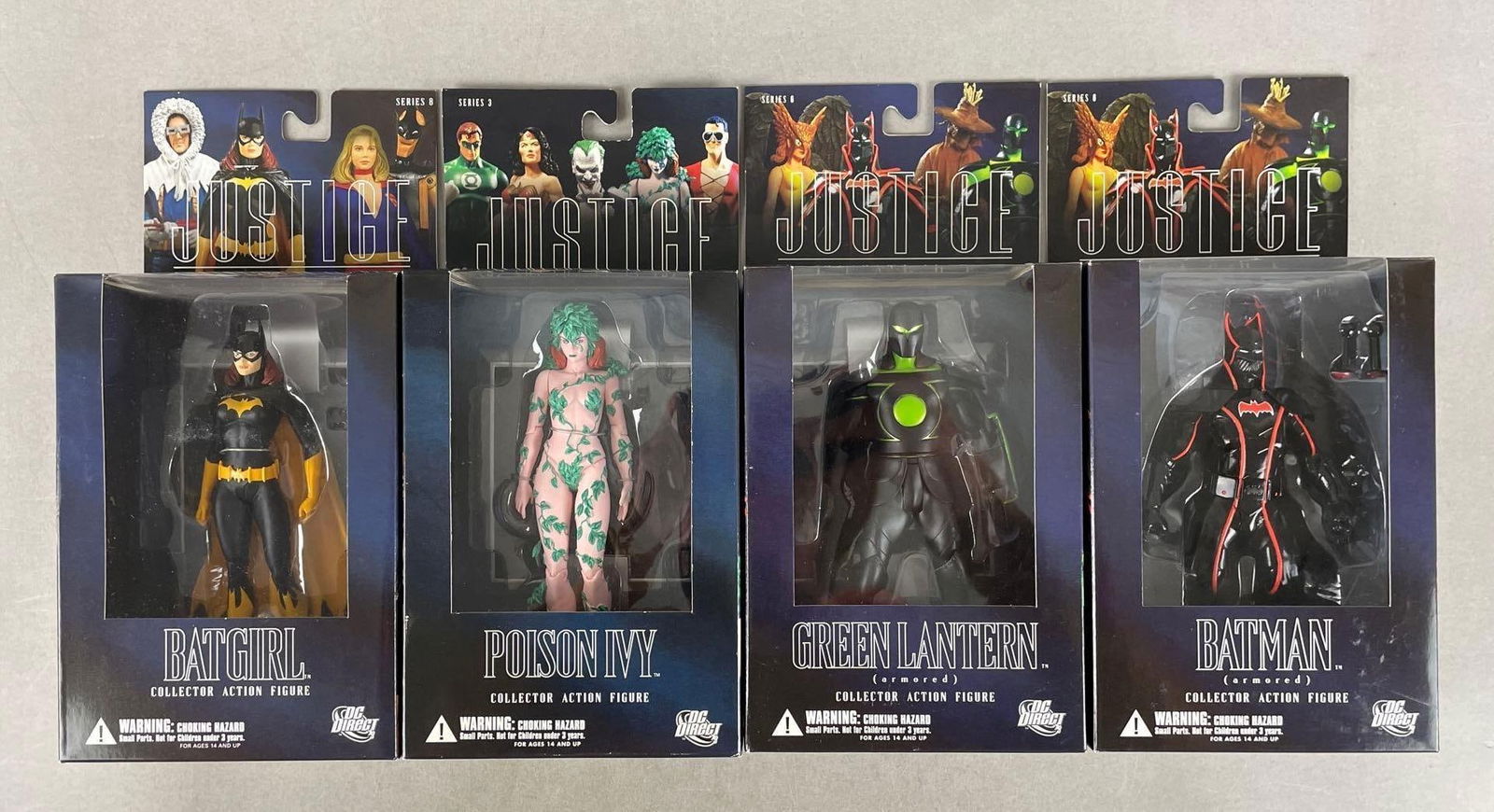 Group of DC Direct Justice League Collector Action Figures: Includes Batman, poison ivy, green lantern, packaging measures H 12 1/2" x W 6" x D 3"
