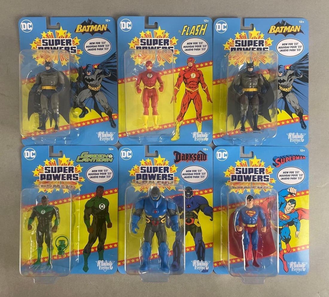 Group of McFarlane Toys DC Super Powers Action Figures: Includes Batman, Superman, flash, packaging measures H 9 1/2" x W 7" x D 2"