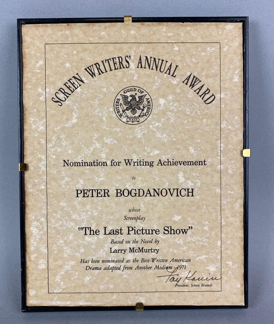 1971 Screen Writer Annual Award Peter Bogdanovich: For The Last Picture Show. Measures H 11 1/2 x W 9 x D 1/2 inches