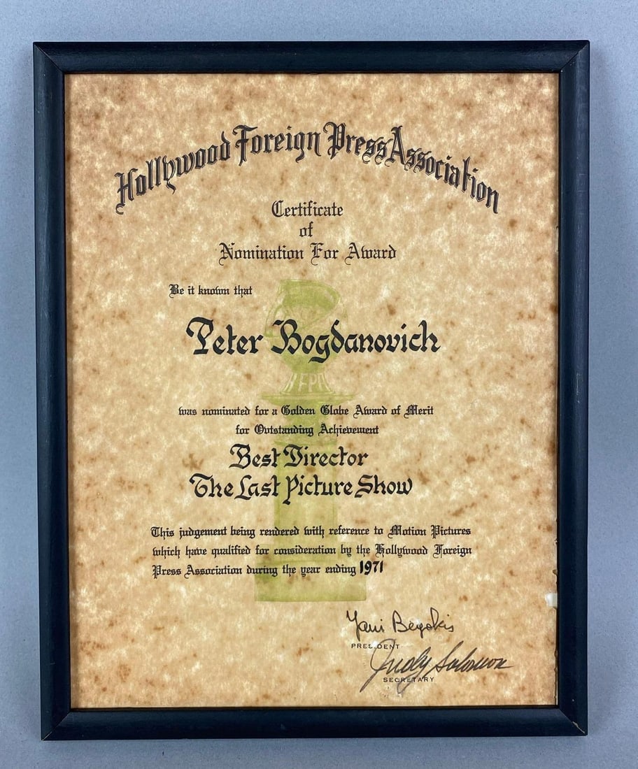 1971 Hollywood Foreign Press Association Best Director Peter Bogdanovich: For The Last Picture Show. Measures H 11 3/4 x W 9 1/4 x D 1/2 inches.