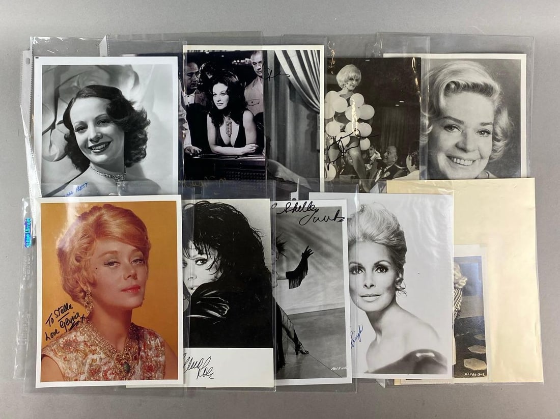 Group of 10 Hollywood Star Autograph Photos: Unknown Authenticity, no COA, buying as is. Includes Alice Faye, Janet Leigh and more. Largest measures H 10 x W 8 inches.