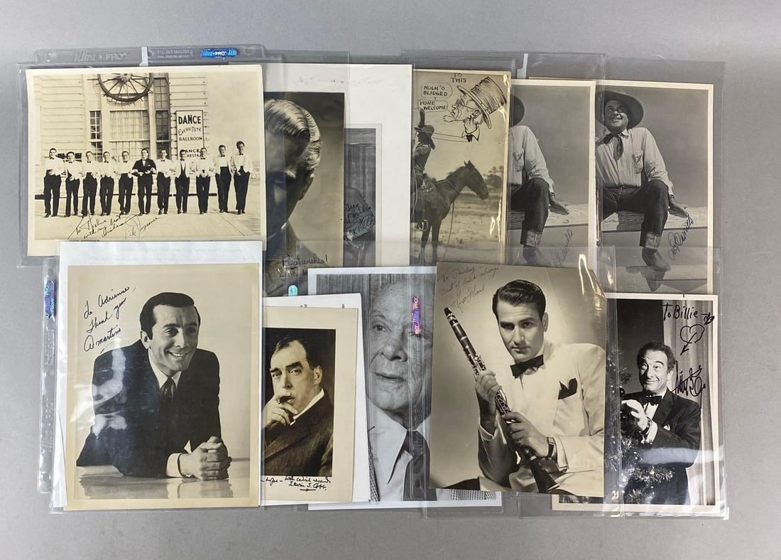Group of 11 Hollywood Star Autograph Photos: Unknown Authenticity, no COA, buying as is. Includes Leo Carrillo, Victor Borge and more. Largest measures H 10 X W 8 inches.