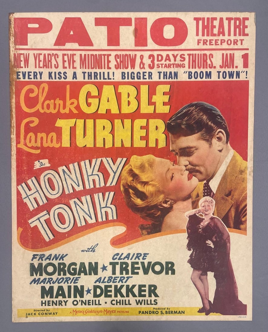 Vintage Clark Gable and Lana Turner in Honky Tonk Movie Window Card: New Year's Eve, patio theatre, measures 280 x 22"