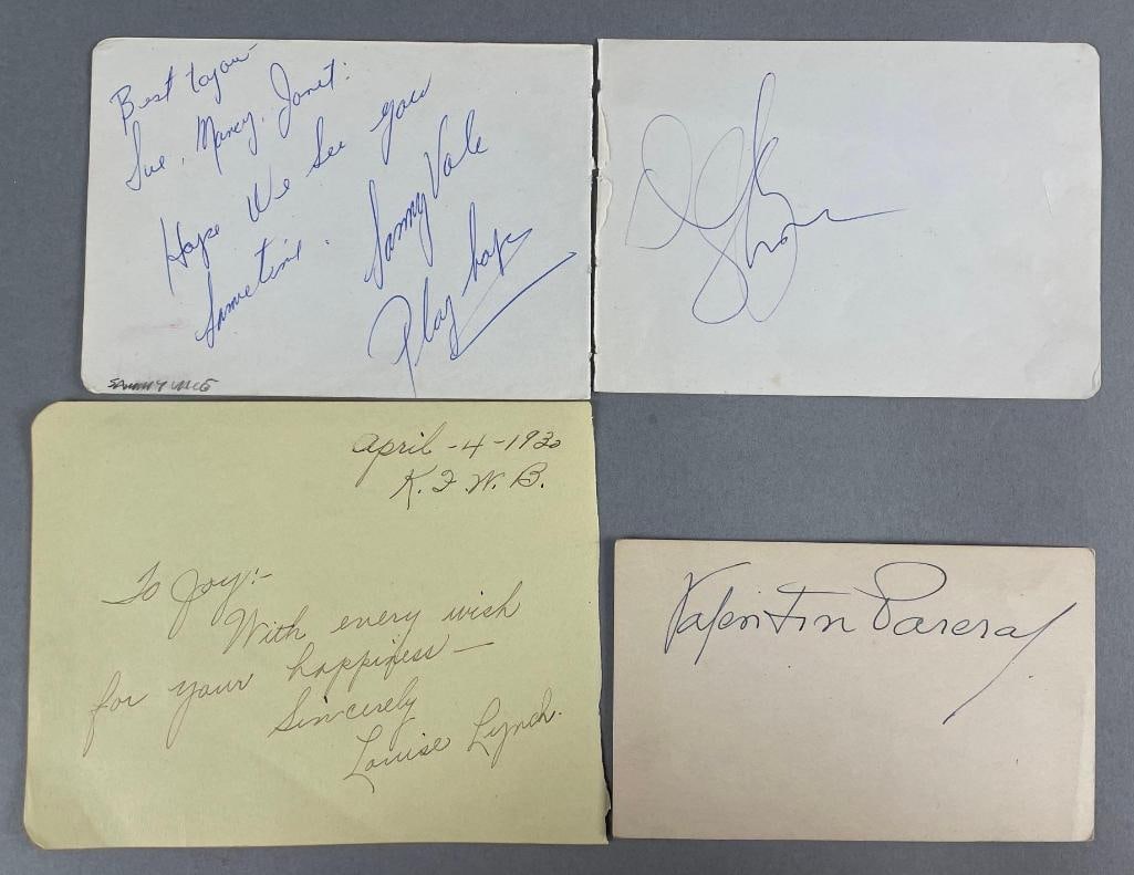 Group of 4 Autographs on Paper: Includes Dinah Shore, Louise Lynch, Valentin Parera, and Sammy Vale. Largest measures 4 1/2 x 5 3/4 inches