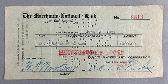 1922 Signed Dorothy Dalton Payroll Check