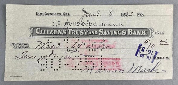 1923 Signed Marion Mack Check