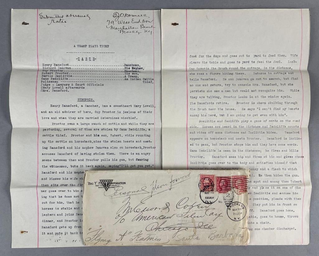1916 A Tramp Plays Trump Proposed Movie Synopsis: Big T film corporation, Flying A films Santa Barbara. Includes original dated envelope. Pages measure 13 x 8 inches